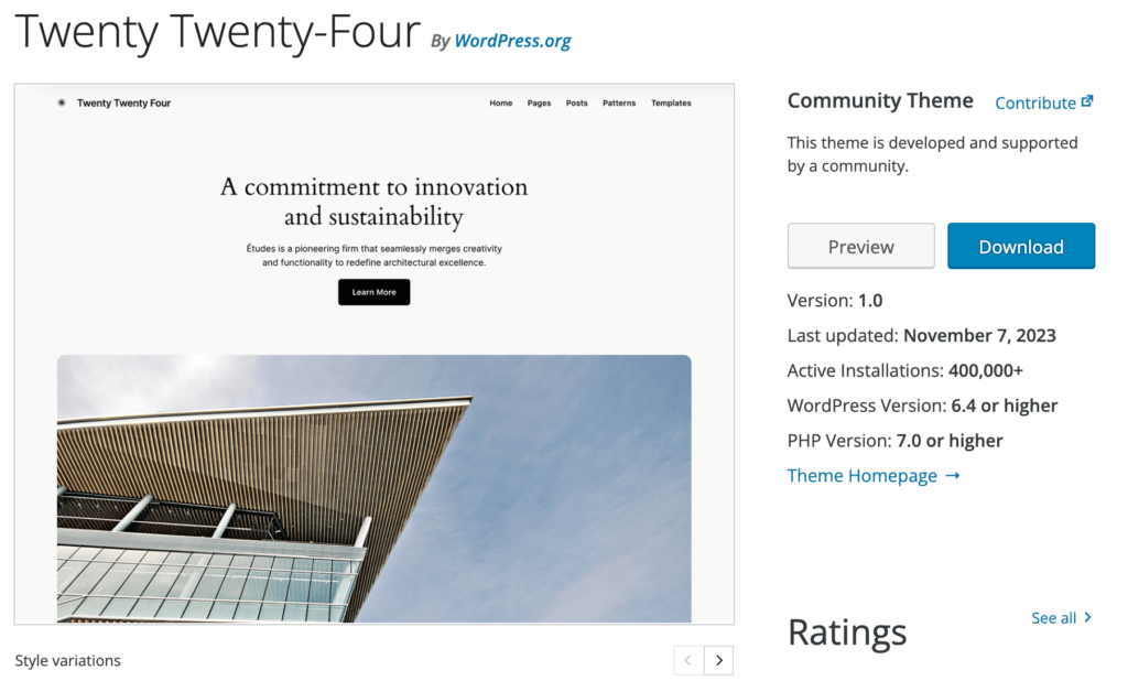 Twenty Twenty-Four theme's wordpress.org page